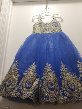 PrettyLittleThing Royal Blue and Gold Embroidered Tulle Dress